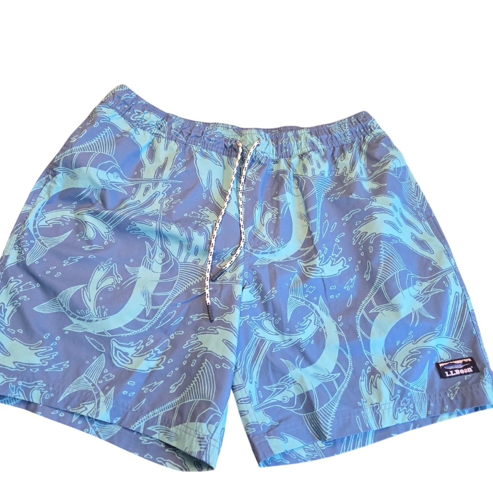 LL Bean Mens Blue Marlin Board Shorts Swim Trunks Blue  Size Large 8 Inseam